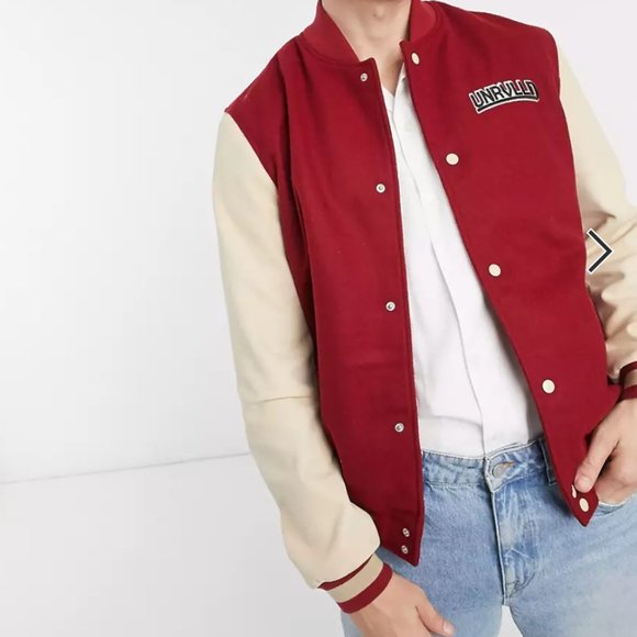 ASOS Unrvlld Spply leather varsity bomber jacket in red - Picture 1 of 6